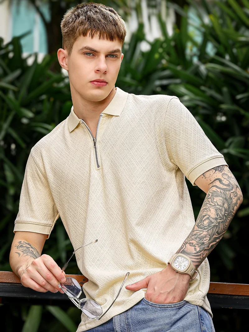 Maniac  Maniac Mens puff printed round neck half sleeve cream and dark grey cotton tshirt for Men | Best Price UAE